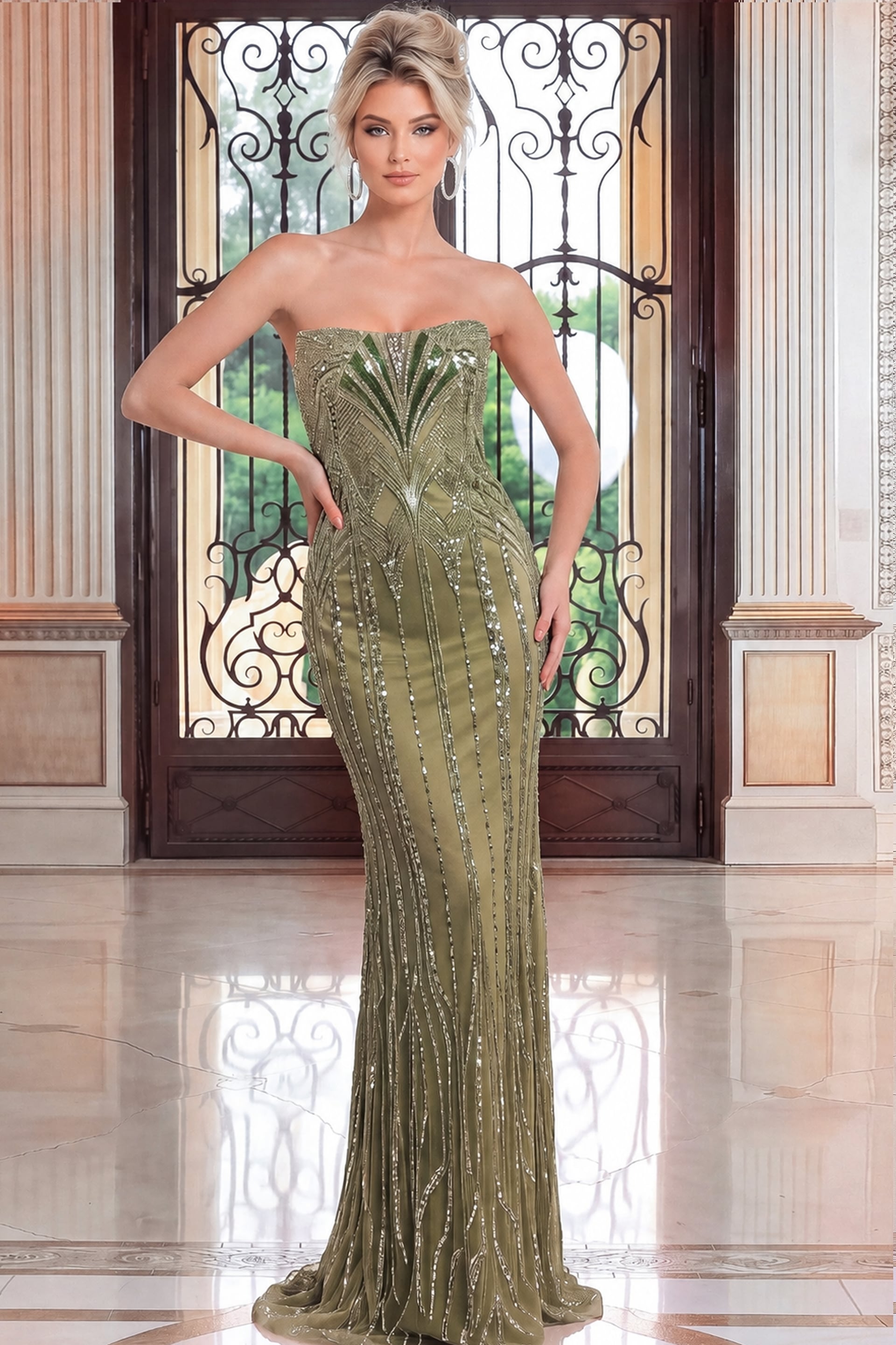 Olive green strapless beaded evening gown