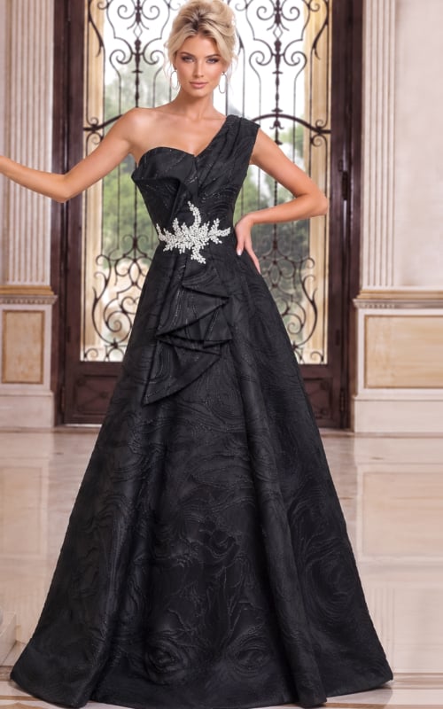 one shoulder black ruffled dress with embellishments on her waist 52358