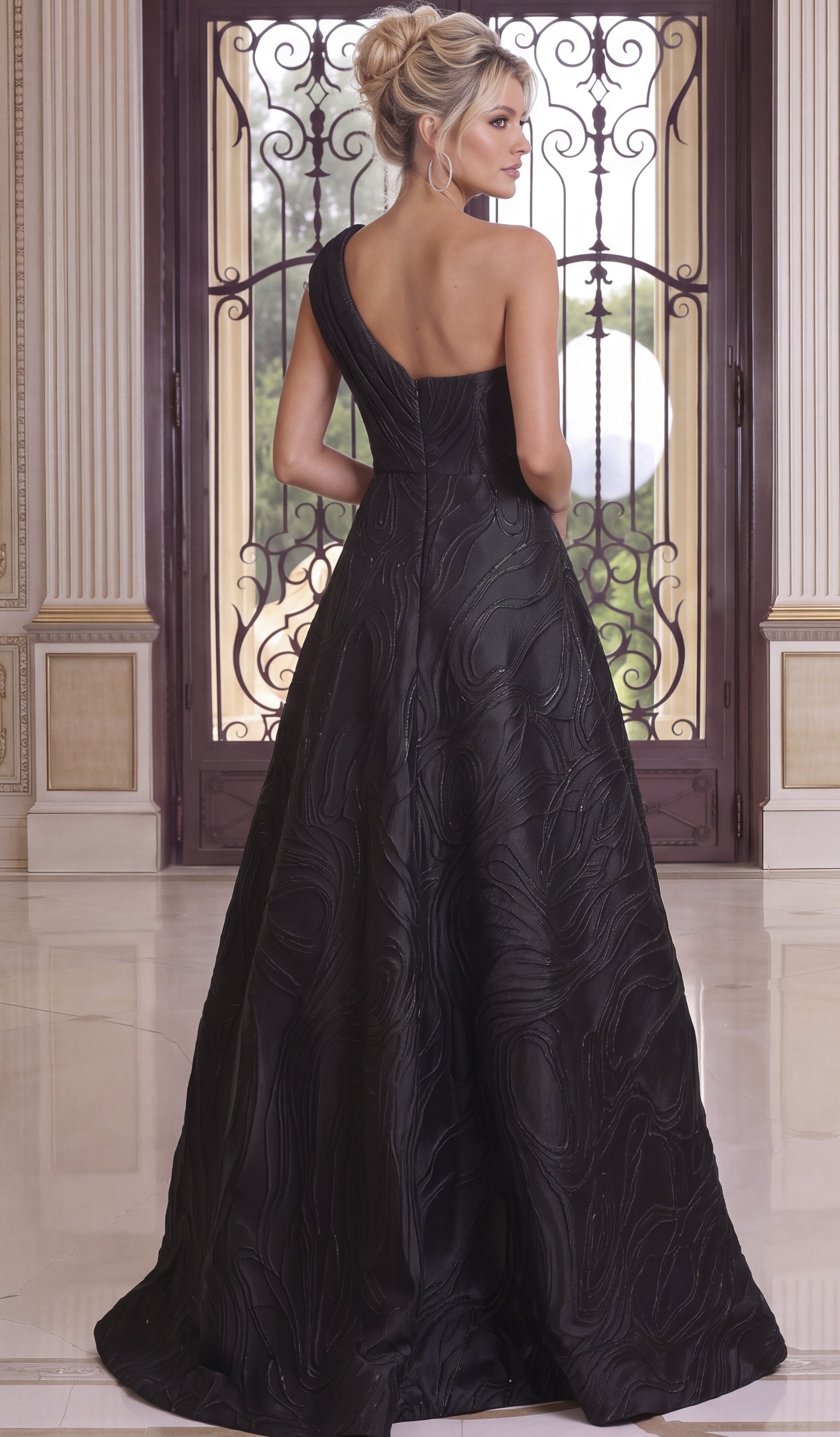 black Jovani 52358 back view, one-shoulder