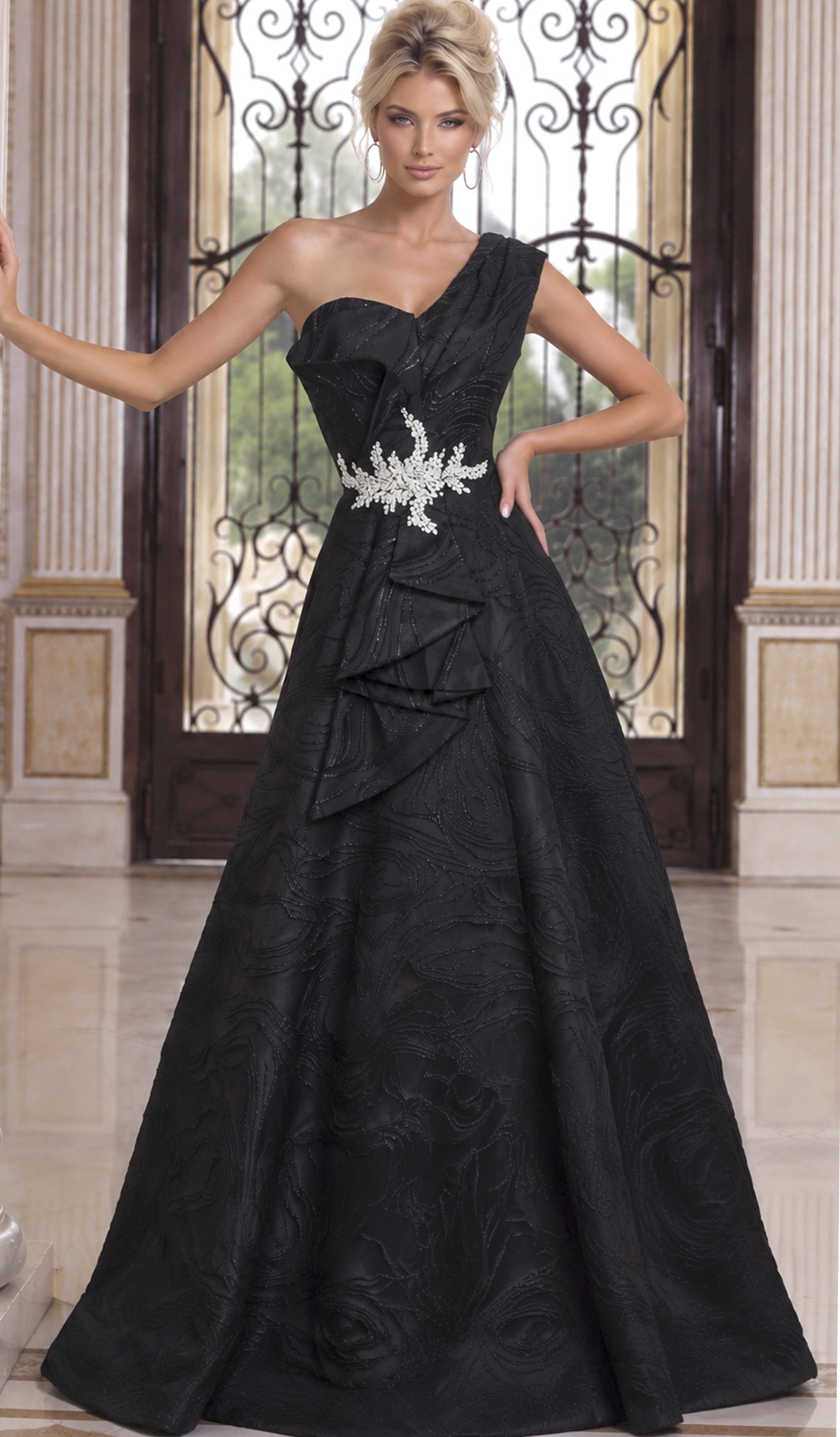 black Jovani 52358 front, white waist embroidery