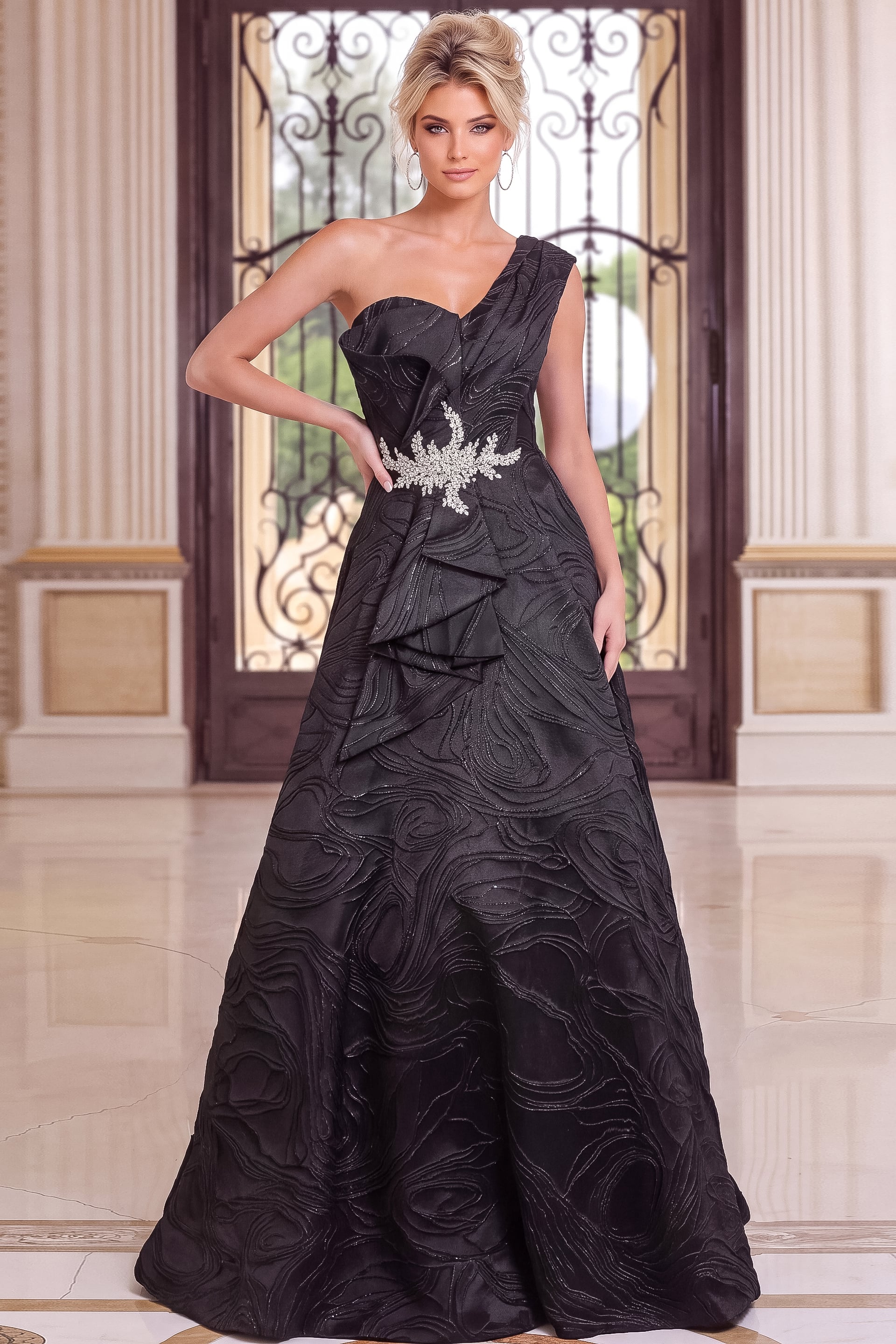 black Jovani 52358 front, beaded waist