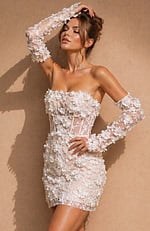Bodycon mini dress featuring a sheer midsection with vertical boning and light-catching 3D flower accents throughout the fabric.