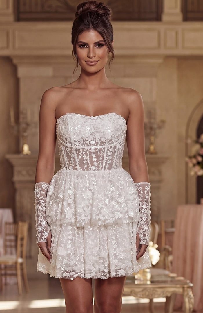 strapless evening gown with smooth satin finish and structured shape