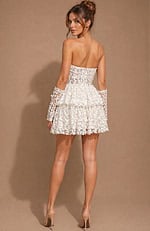 Fit-and-flare mini dress showcasing a mix of sheer mesh panels and dense 3D flower embroidery.