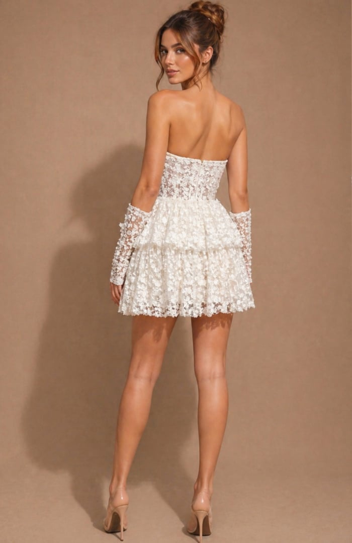 Fit-and-flare mini dress showcasing a mix of sheer mesh panels and dense 3D flower embroidery.