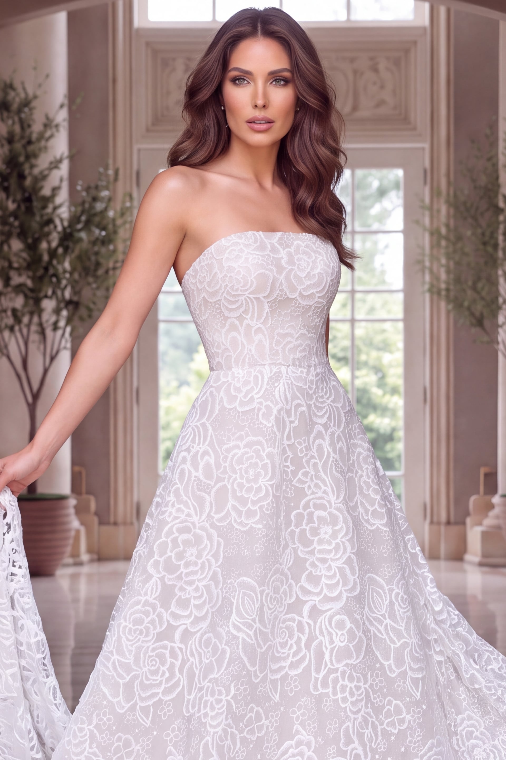 Close-up showing dimensional rose embroidery across the bodice and flared skirt of an ivory gown