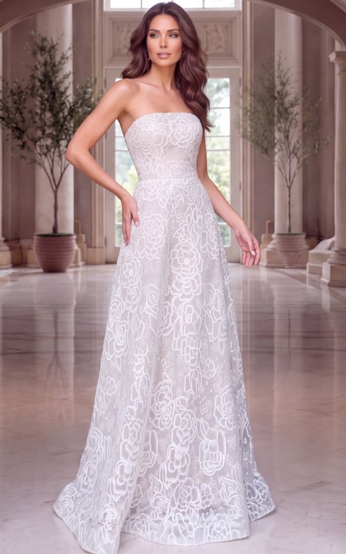 Floral lace A-line gown with straight strapless neckline, defined waist and floor-length skirt