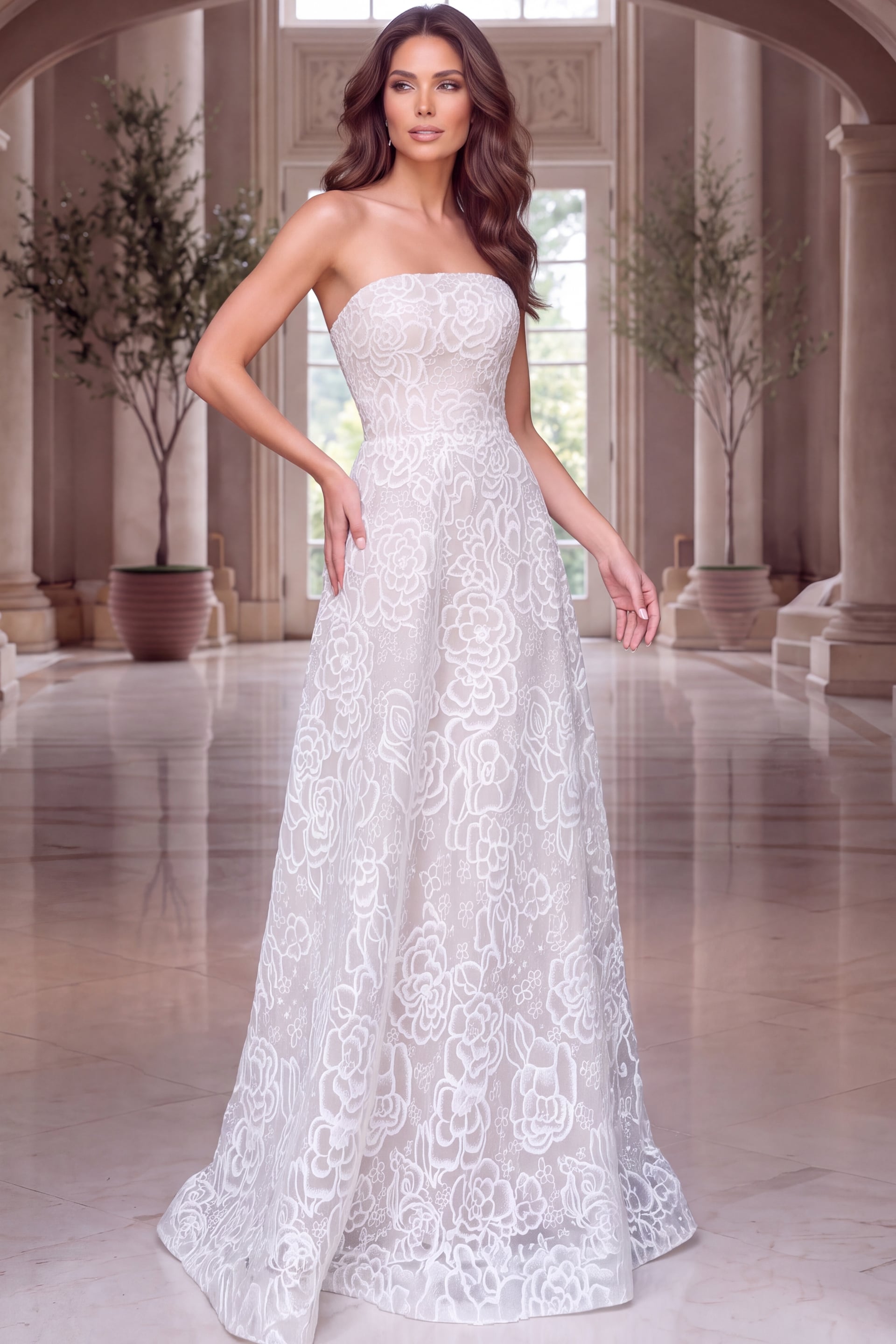 Floral lace A-line gown with straight strapless neckline, defined waist and floor-length skirt