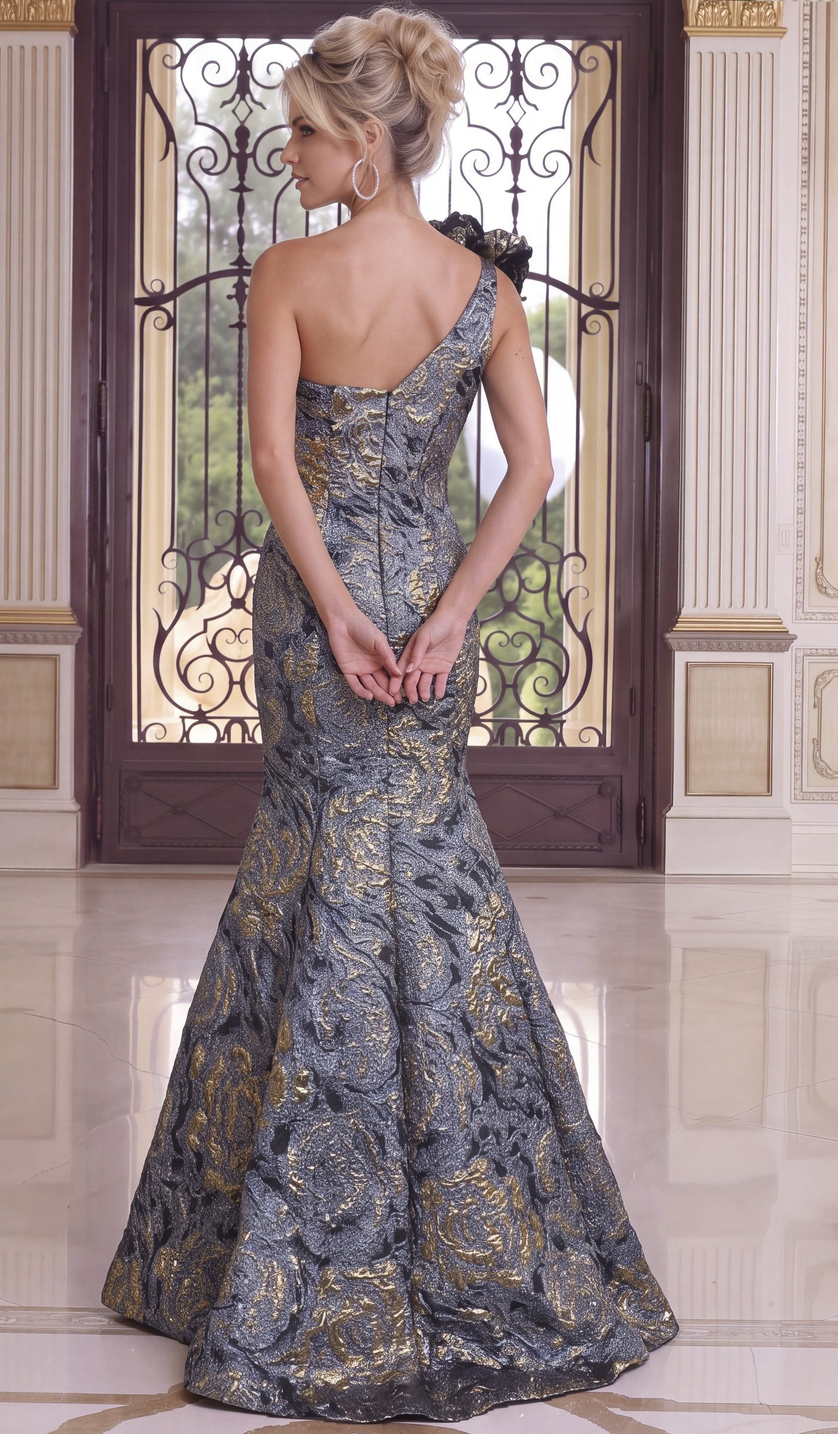 slate gold Jovani 52370 back, one-shoulder