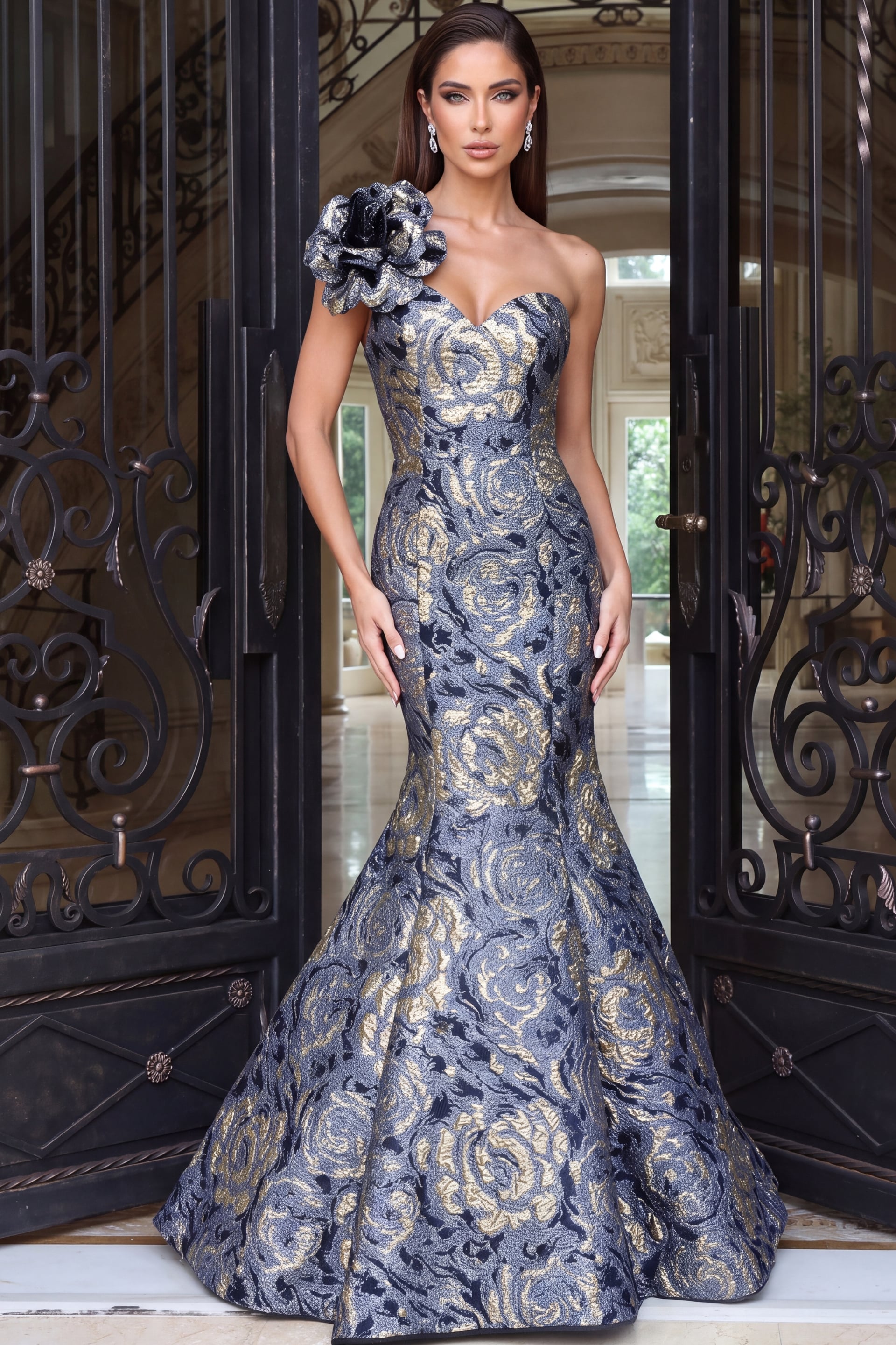 blue and gold mermaid dress One Shoulder Floral Gown 52370 SIZE:1 - XS/S boys dress shoes Mac Duggal - Blue quality fabrics