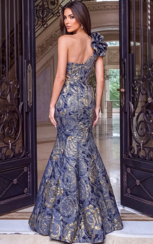 brocade gown with a sweetheart neckline, oversized floral shoulder detail, and dramatic mermaid silhouette.