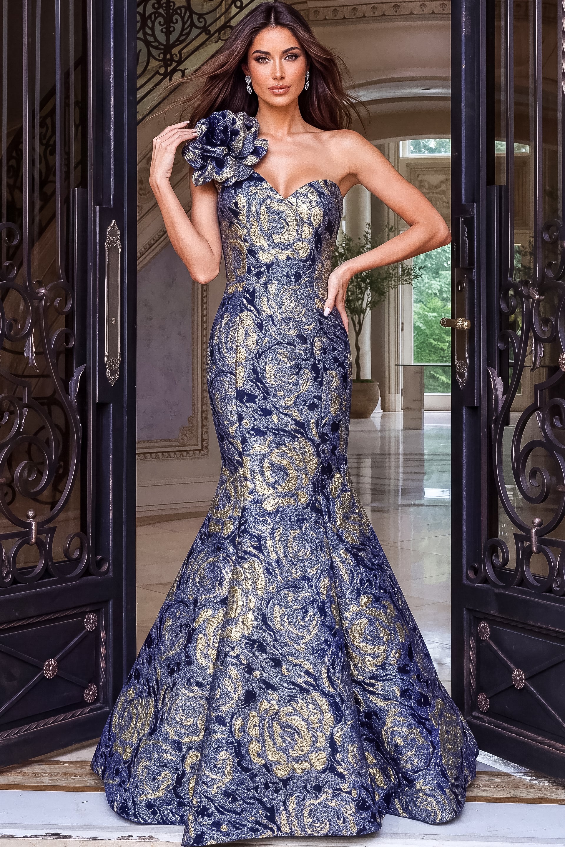 navy blue and gold brocade gown with a sweetheart neckline