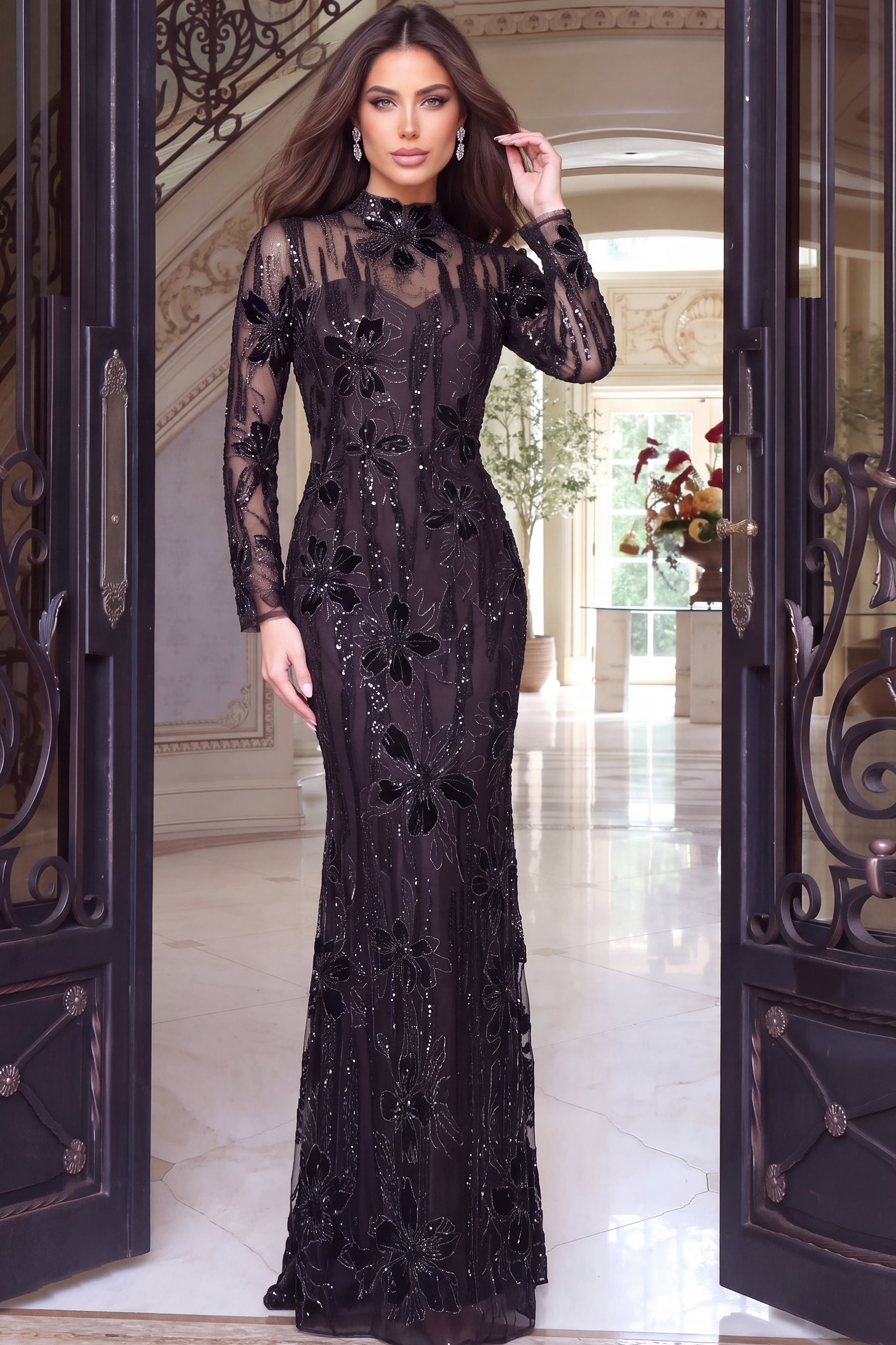 Black velvet floral sequin gown with high illusion neckline and long sheer sleeves