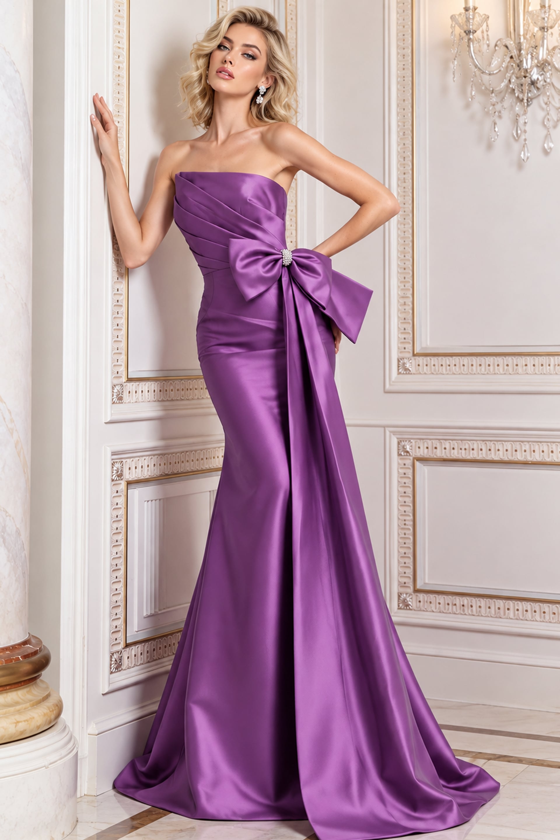 Purple satin strapless trumpet gown with oversized front bow, front view