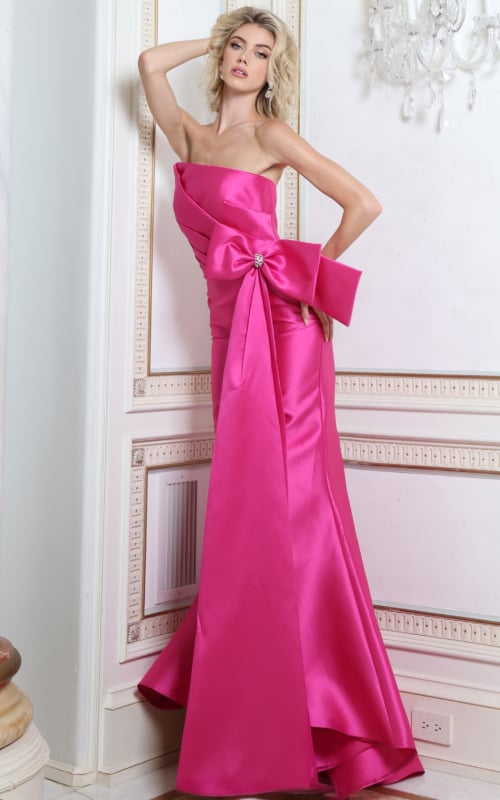 Fuchsia satin strapless trumpet gown with oversized front bow, front view