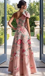 back view of pink floral brocade one shoulder A line gown
