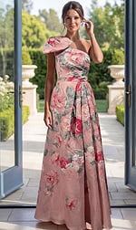pink floral brocade one shoulder A line gown with oversized bow detail