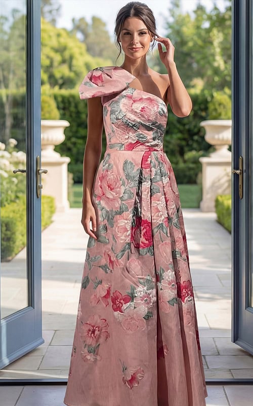 pink floral brocade one shoulder A line gown with oversized bow detail