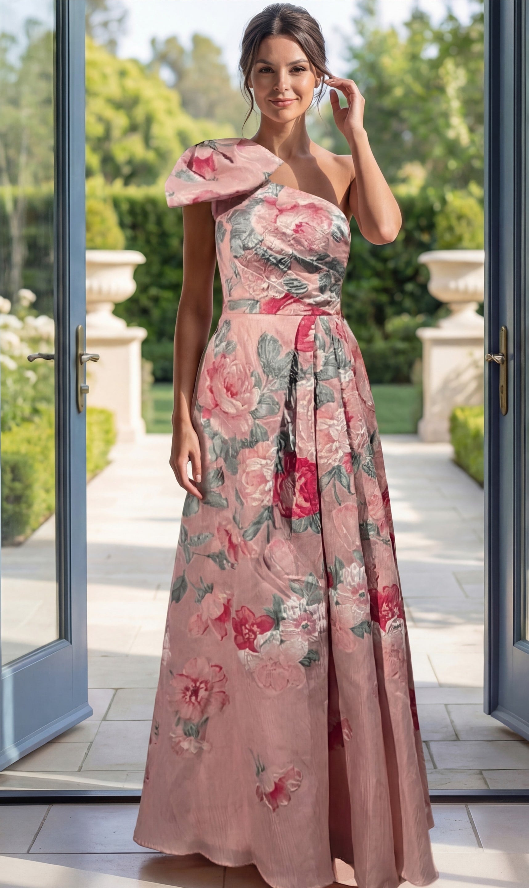 52377_front pink floral brocade one shoulder A line gown with oversized bow detail