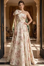 beige and pink floral print one shoulder A line gown with bow detail