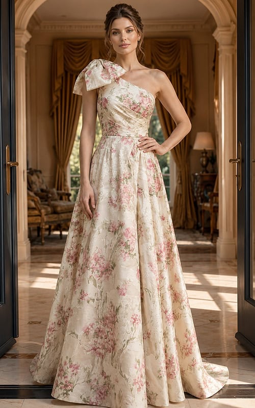 beige and pink floral print one shoulder A line gown with bow detail