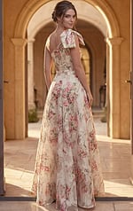 back view of beige floral print one shoulder A line gown with bow