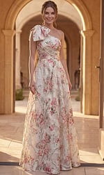 beige and pink floral print one shoulder A line gown with bow detail