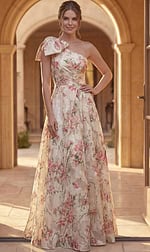 beige and pink floral print one shoulder A line gown with bow detail