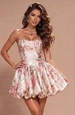 Feminine mini dress blending a tailored, form-fitting torso with a whimsical, puffed-out skirt in floral jacquard.