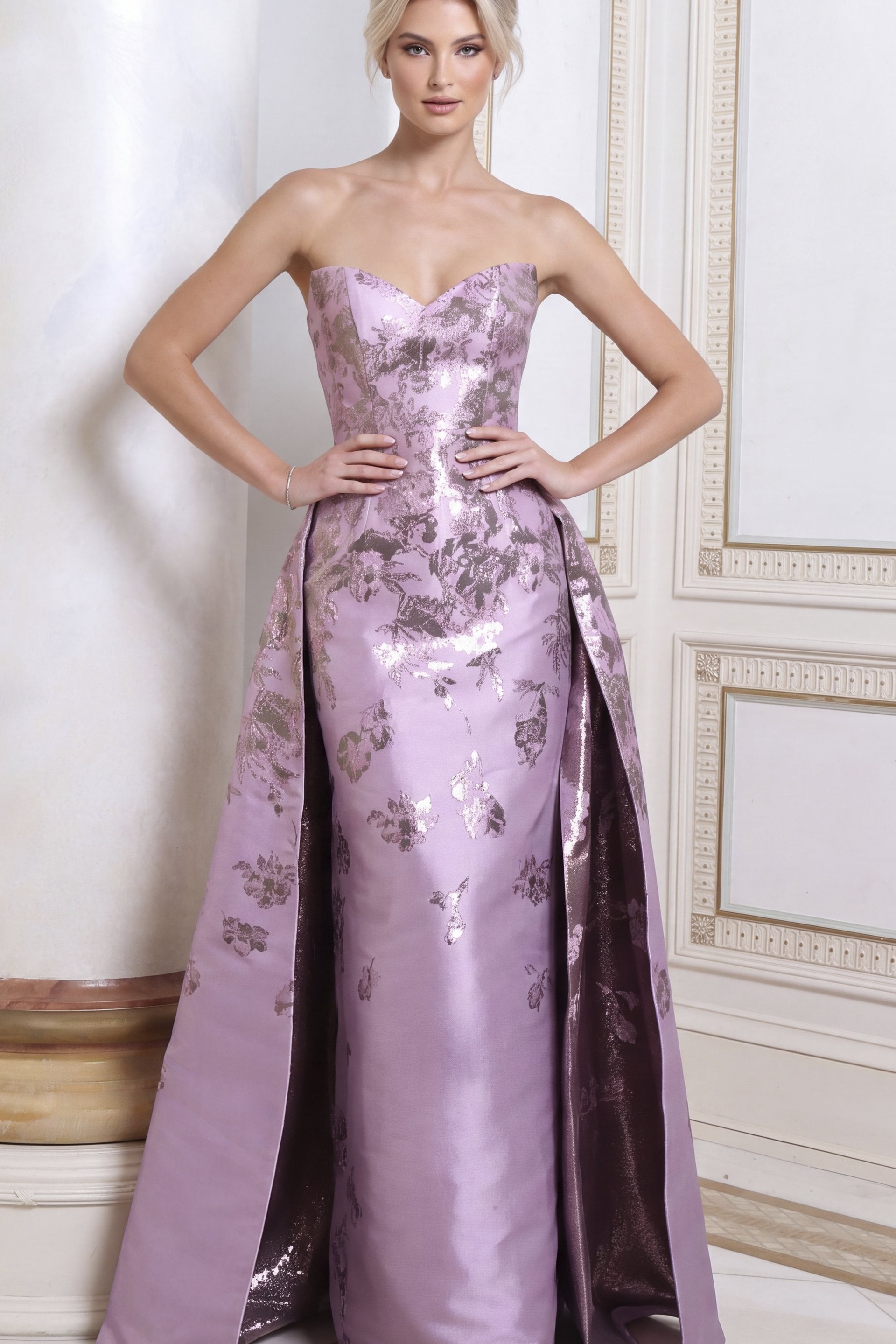 lilac strapless metallic floral overskirt evening gown style 52387 - front full body