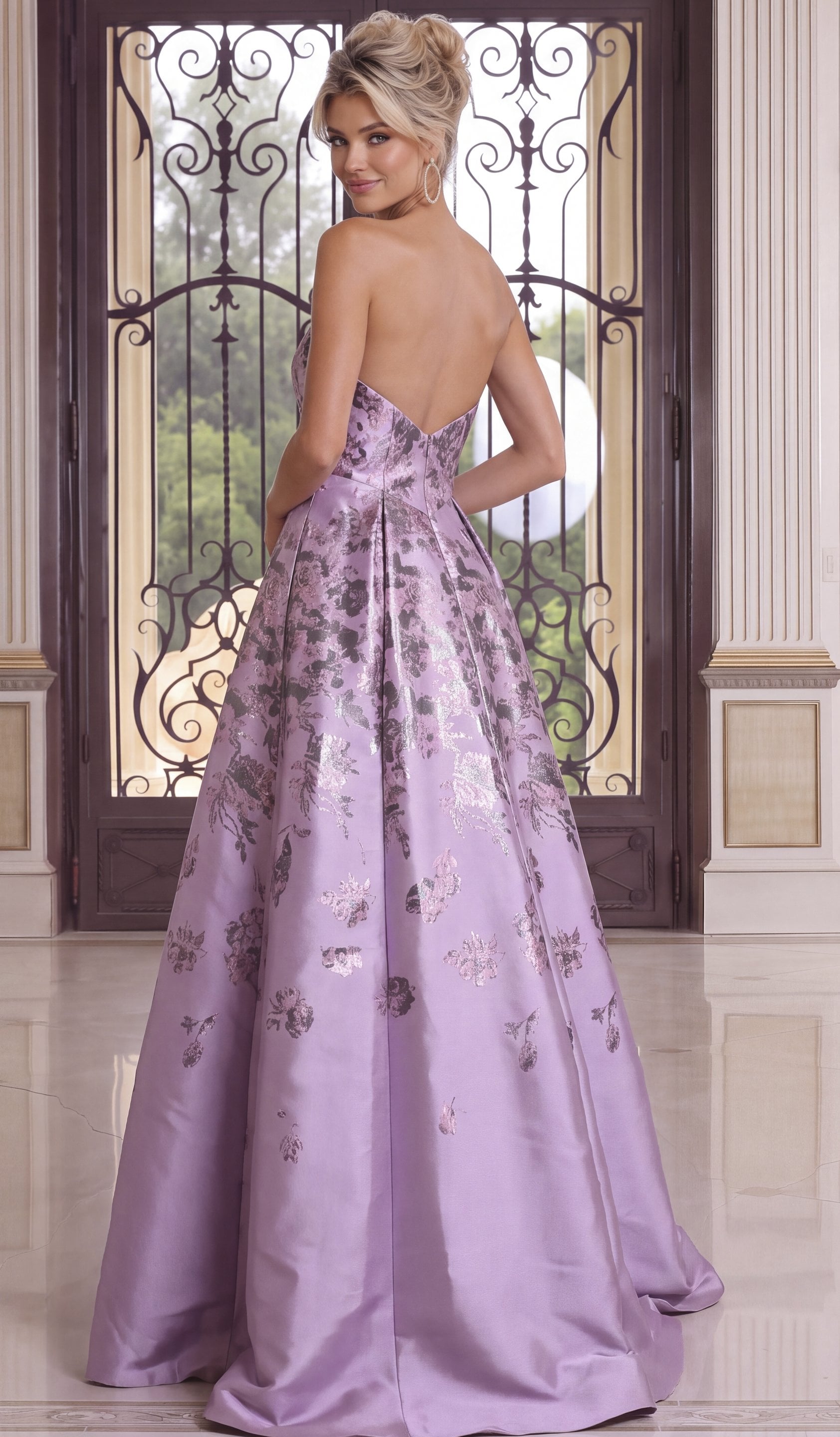 lilac Jovani 52387 back view, floral pattern