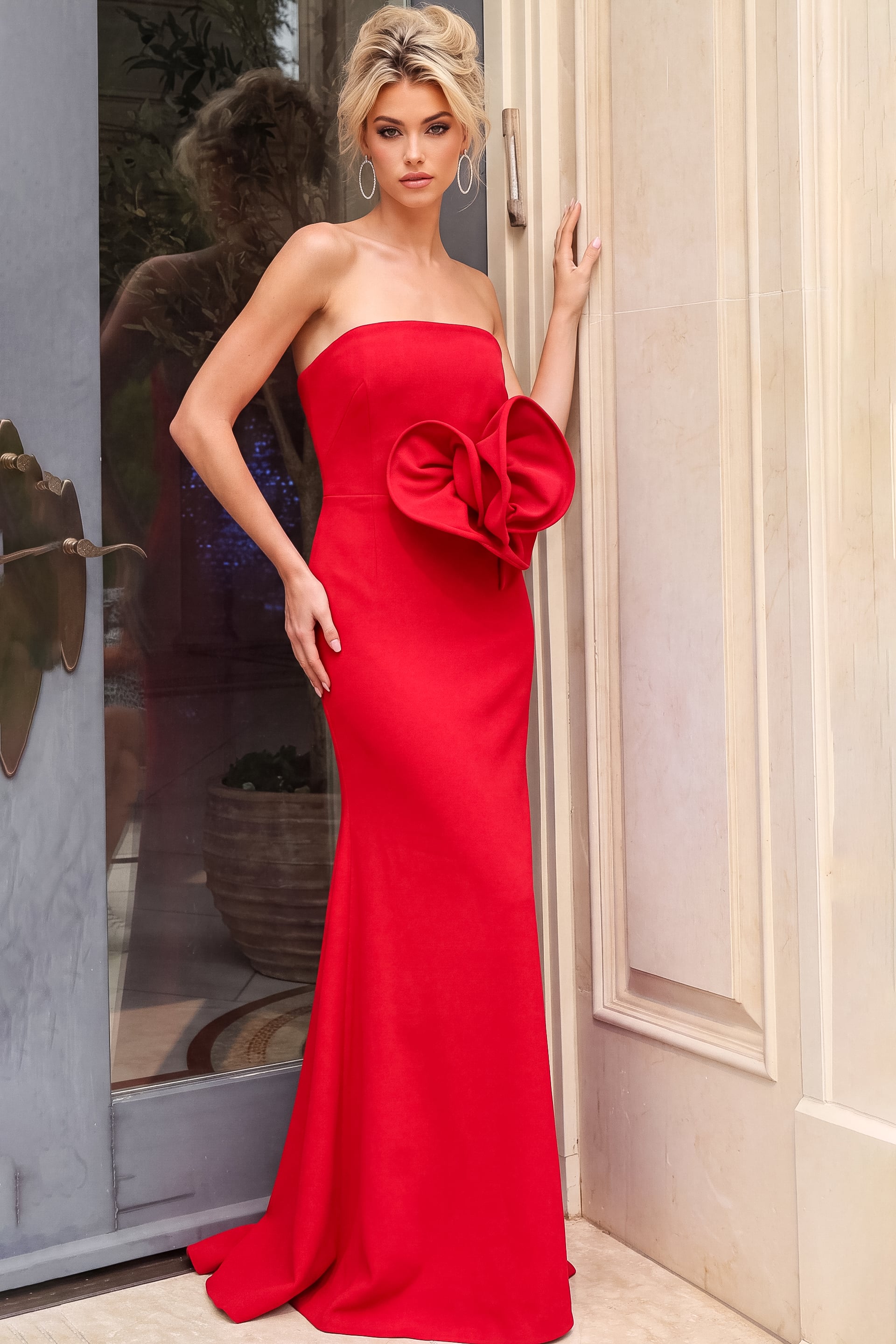 red strapless 3d floral evening gown style 52403 - front full body