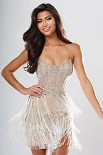 Jovani style 52405 nude beaded strapless corset short homecoming dress with sweetheart neckline and beaded fringe skirt, front view