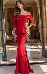 red off shoulder peplum gown with beaded sleeve cuffs and mermaid skirt