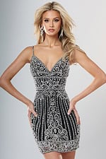 Jovani style 52436 black and silver beaded fitted short homecoming dress with V neckline and thin straps, front view