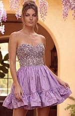 Strapless mini dress with a bodice densely packed with iridescent crystals and a flared black taffeta skirt.