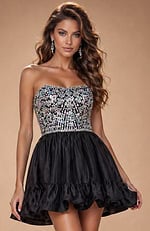 Elegant mini dress featuring a straight-across neckline, all-over bodice beadwork, and a playful tiered ruffle detail.