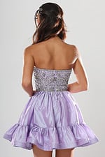 Jovani style 52439 lilac and silver beaded corset short homecoming dress with straight neckline and tiered ruffle skirt, front view