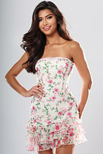 Jovani style 52440 white multicolor floral embroidered strapless short homecoming dress with straight neckline and tiered ruffle hem, front view