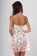 back view of white multicolor floral embroidered strapless short homecoming dress with straight neckline and tiered ruffle hem, Jovani style 52440
