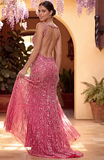 back view of strapless prom dress with open back and full skirt