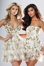 Jovani style 52443 floral beaded strapless short homecoming dress with straight neckline and printed ruffle hem, front view
