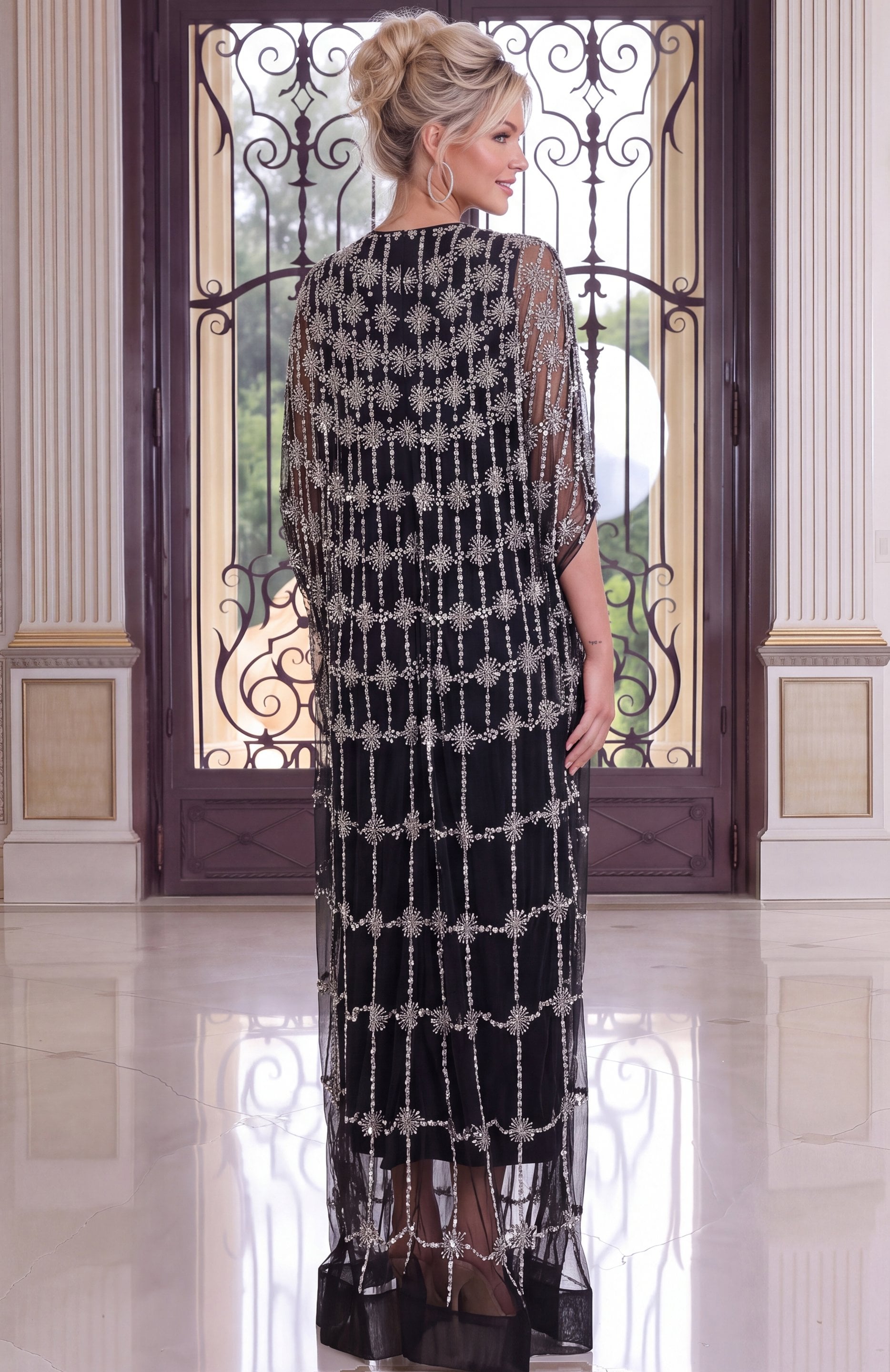 black Jovani 52446 back view, lattice pattern