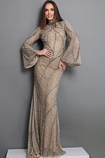 nude sheath long dress with high neck bell sleeve beaded pattern