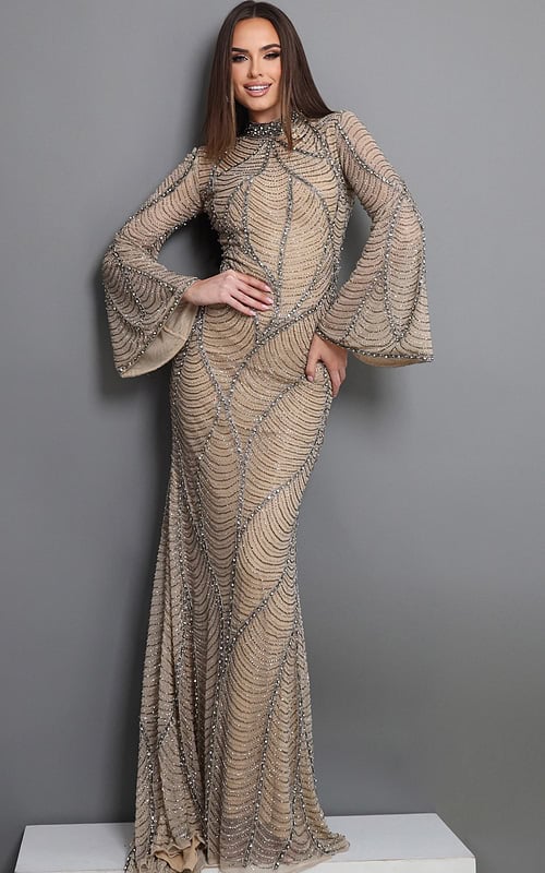 nude sheath long dress with high neck bell sleeve beaded pattern