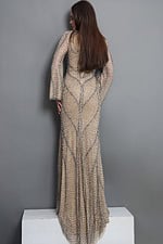 nude sheath long dress with high neck bell sleeve beaded pattern