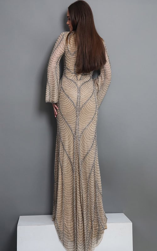 nude sheath long dress with high neck bell sleeve beaded pattern