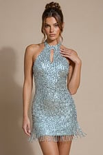 mint and silver sequin halter mini dress with keyhole opening and beaded fringe
