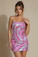 pink and silver sequin strapless mini dress with swirl pattern and sweetheart neckline
