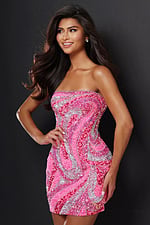 Jovani style 52459 neon pink swirl sequin strapless fitted short homecoming dress with straight neckline, front view